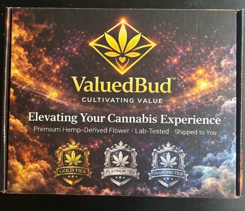 ValuedBud packaging box featuring their logo, tagline Cultivating Value, and text describing premium hemp-derived flower products with three tier badges